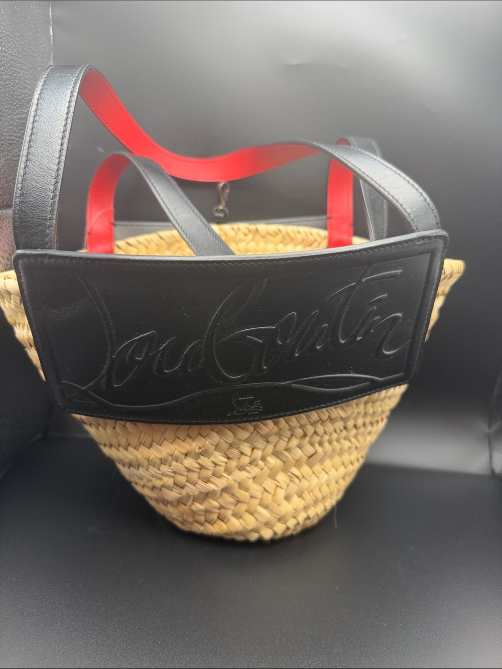 Christian Louboutin Straw Tote with Black Leather Trim and Red Accents